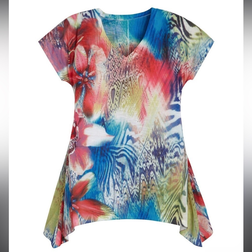 Chicos polyester multicolor floral short sleeve tropical blouse size small